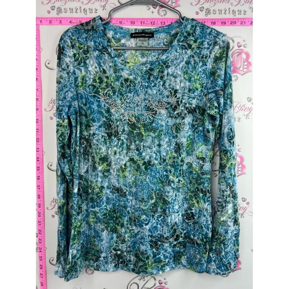 Bianca Nygård shirt studded Blue-Green Printed Long Sleeve Tee with Rhinestones